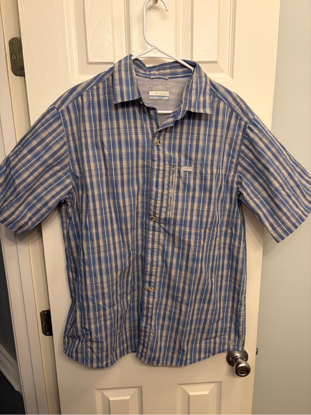 Columbia Blue and White Plaid Short-Sleeve Button-Down Shirt